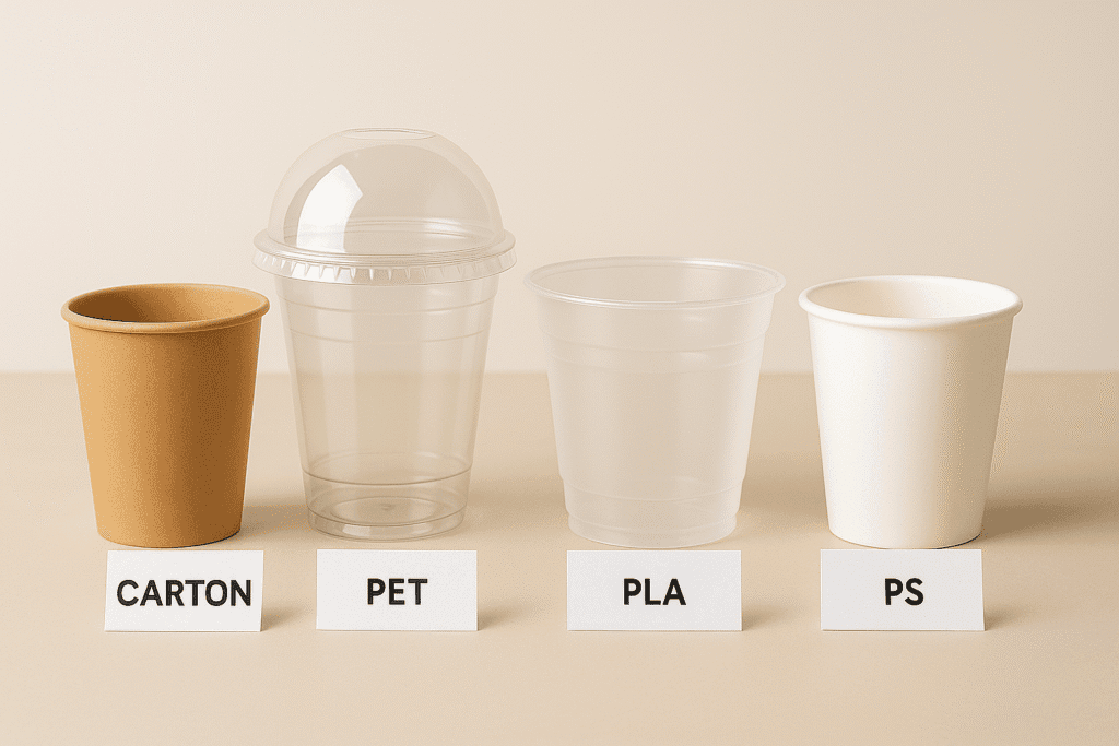 Imagine cu patru tipuri de pahare de unică folosință: carton, PET, PLA și polistiren, aranjate pe o masă bej, cu etichete clare sub fiecare pahar.